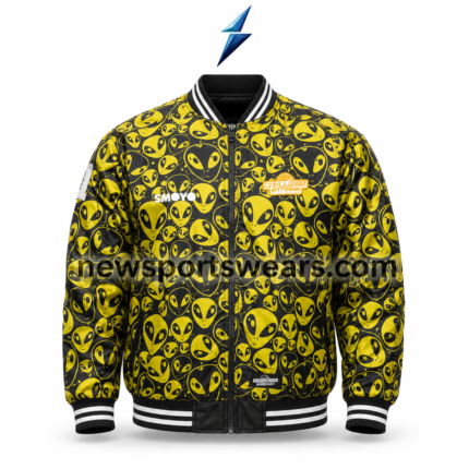 NSW Graphic Bomber Jacket with black and yellow alien print, full zipper and striped collar