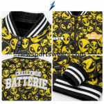 NSW Graphic Bomber Jacket showing striped rib-knit collar, black zipper and alien pattern stitching