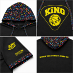 NSW Graphic hooded black T-shirt with yellow basketball chest logo and multicolor hood