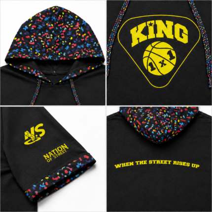 NSW Graphic hooded black T-shirt with yellow basketball chest logo and multicolor hood