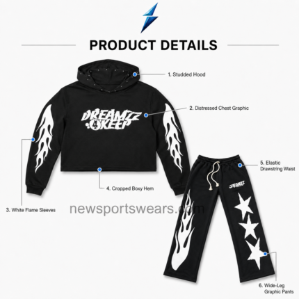 NSW Graphic Hoodie and Sweatpants in black with white flame sleeves and star-print wide-leg pants