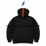 NSW New Sports Wear Graphic Hoodie back view with black body and twin orange hood stripes