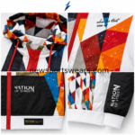 NSW New Sports Wear hoodies jacket with multicolor geometric front, black sleeves and red zipper