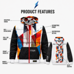 NSW New Sports Wear hoodies jacket back with white body, black sleeves and vertical geometric artwork
