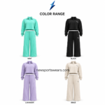 NSW and NEW SPORTS WEAR lounge set color range in mint, black, lavender, and beige with matching cropped tops and pant