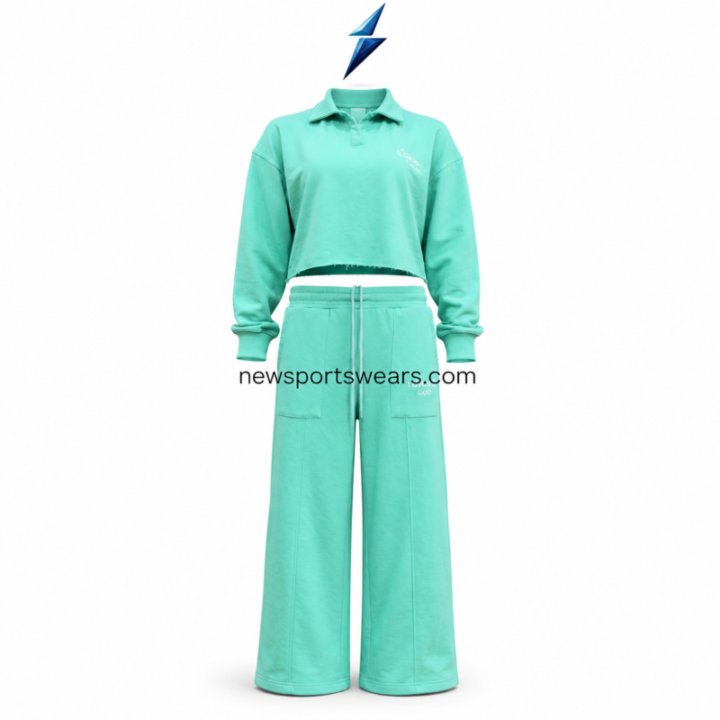NSW and NEW SPORTS WEAR lounge set in mint with cropped polo top, wide-leg pants, patch pockets, and centered logo