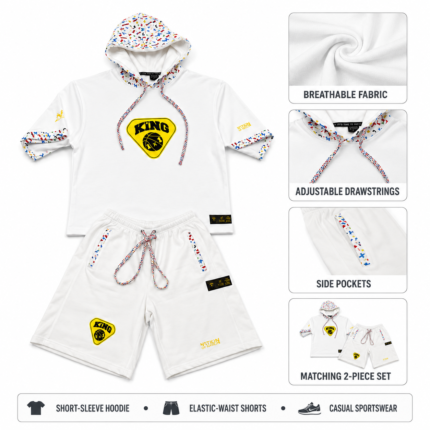 NSW Men’s 2 Piece Shorts Set in white with a yellow chest shield and matching shorts