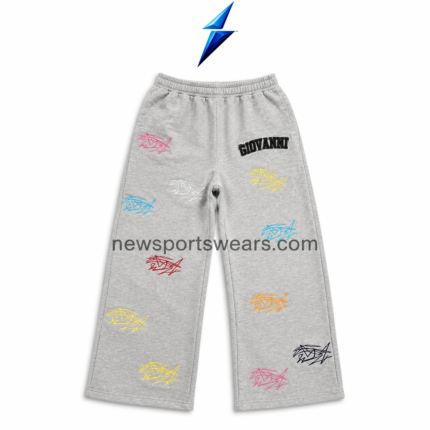 NSW Men’s Graphic Sweatpants front view in grey with multicolor leg prints, black thigh lettering and yellow pocket patch