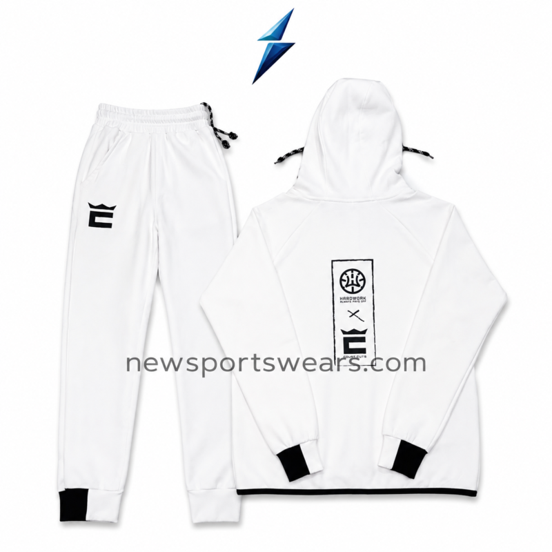 NSW Men’s hooded tracksuit in white with black zipper, chest logos and tapered pants