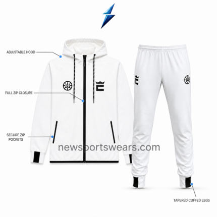 NSW Men’s hooded tracksuit in white and black for custom OEM wholesale production