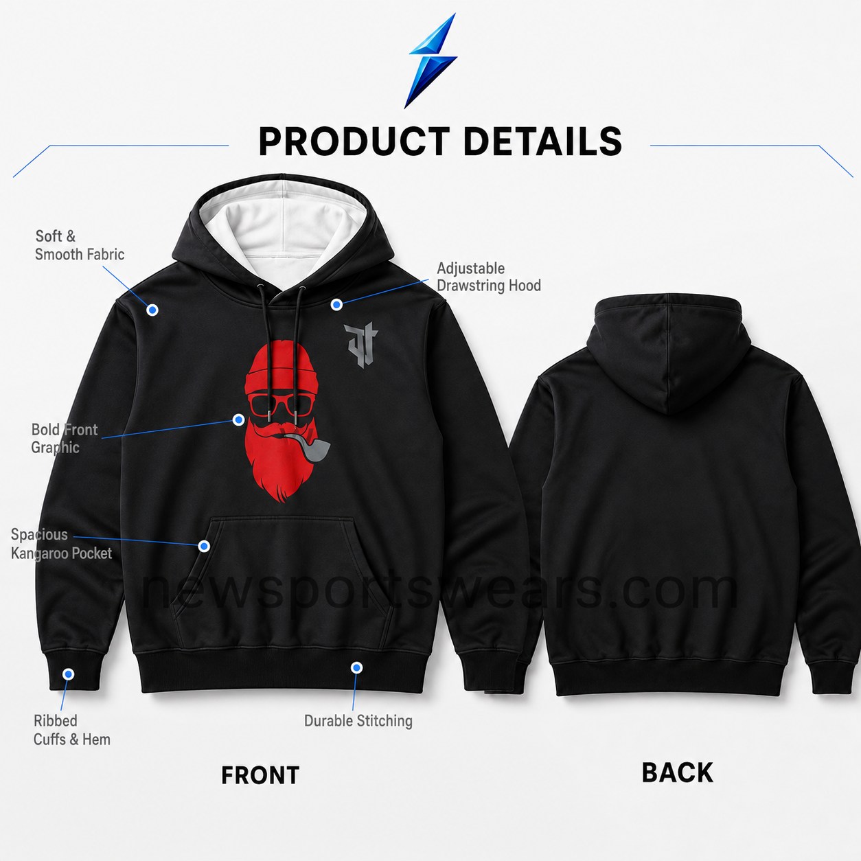 nsw-mens-hoodie-product-details NSW Men’s Hoodie product details showing pocket cuffs and artwork by NEW SPORTS WEAR