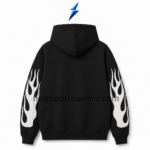 NEW SPORTS WEAR Men’s Oversized Hoodie back view with plain black body, center hood seam and flame-print sleeves