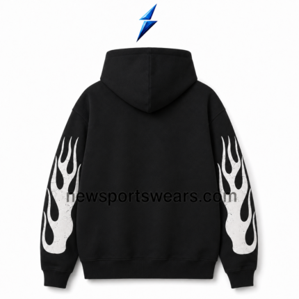 NEW SPORTS WEAR Men’s Oversized Hoodie back view with plain black body, center hood seam and flame-print sleeves
