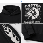 NEW SPORTS WEAR Men’s Oversized Hoodie sleeve detail with distressed off-white flame graphic and black seam