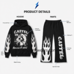 NSW Men’s Streetwear Set front view with black graphic hoodie, flame sleeves and matching wide-leg pants