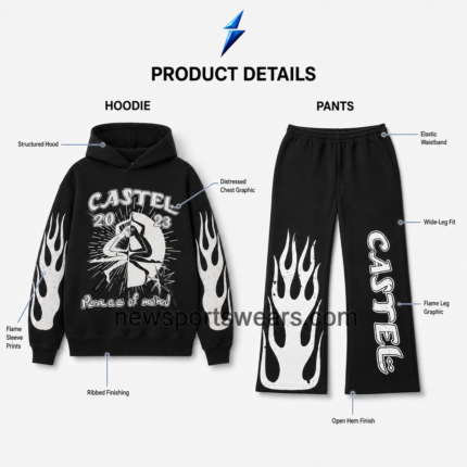NSW Men’s Streetwear Set front view with black graphic hoodie, flame sleeves and matching wide-leg pants