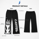 NSW Men’s Wide Leg Sweatpants close-up with distressed off-white flame graphic on the black left-leg panel