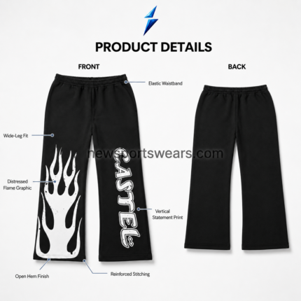 NSW Men’s Wide Leg Sweatpants close-up with distressed off-white flame graphic on the black left-leg panel