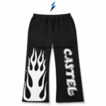 NSW Men’s Wide Leg Sweatpants front view in black with distressed white flame and vertical lettering graphics