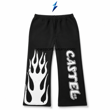 NSW Men’s Wide Leg Sweatpants front view in black with distressed white flame and vertical lettering graphics