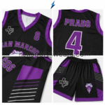 NSW New Sports Wear basketball uniform detail showing purple V-neck trim, stitching, panel design and logo placement