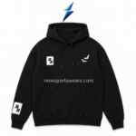 NSW NEW SPORTS WEAR Black graphic hoodie back view with two fuzzy white B appliqués and multiple bat graphics