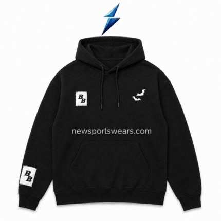 NSW NEW SPORTS WEAR Black graphic hoodie back view with two fuzzy white B appliqués and multiple bat graphics