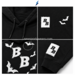 NSW NEW SPORTS WEAR Black graphic hoodie with frayed white B appliqués, circular bat motif and printed bats