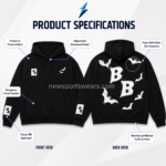 NSW NEW SPORTS WEAR Black graphic hoodie chest detail with fuzzy white BB patch and two small bat prints
