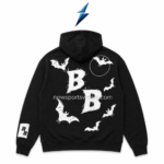 NSW NEW SPORTS WEAR Black graphic hoodie front view with white BB chest appliqué, bat graphics and kangaroo pocket