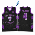 NSW New Sports Wear black and purple basketball jersey with striped side panels, team graphics and stitched trim