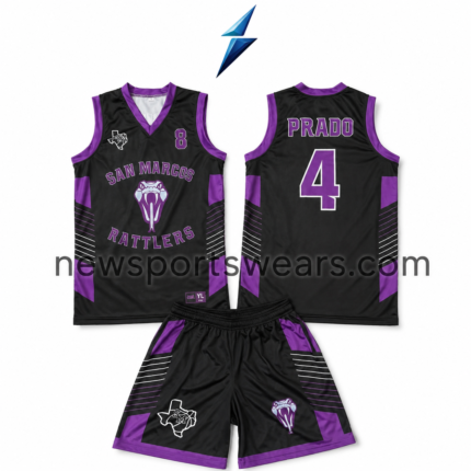 NSW New Sports Wear Custom Basketball Uniform Set in black and purple with front and back jersey views
