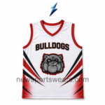 White Custom Basketball Uniforms jersey with red V-neck, black side graphics, Bulldogs lettering and grey mascot logo.