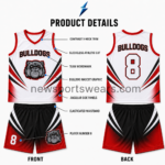 Black and red Custom Basketball Uniforms shorts with white curved panels, bulldog mascot and player number 8.