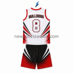 Back view of white, red and black Custom Basketball Uniforms with team lettering, player number and matching graphic panels.