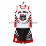 Custom Basketball Uniforms in white, red and black with Bulldogs mascot, matching shorts and player number 8 by NSW New Sports Wear.