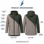 NSW New Sports Wear Custom Softshell Jackets front view in teal and charcoal with full zipper, hood and outlined panel graphic