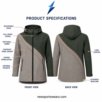 NSW New Sports Wear Custom Softshell Jackets front view in teal and charcoal with full zipper, hood and outlined panel graphic