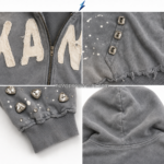 NSW New Sports Wear Distressed Zip Up Hoodie close-up showing frayed off-white appliqué and durable center metal zipper.
