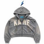 NSW New Sports Wear Distressed Zip Up Hoodie specification image showing acid wash, appliqué, zipper, jewels and ribbed trims.