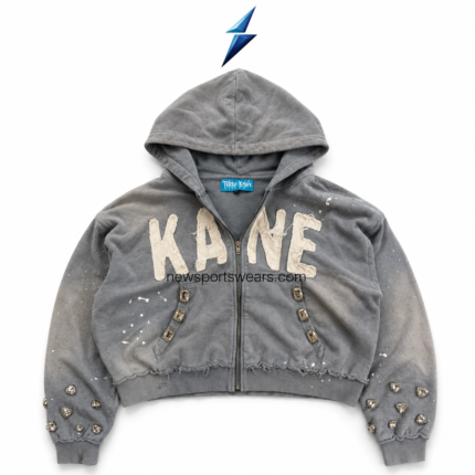 NSW New Sports Wear Distressed Zip Up Hoodie specification image showing acid wash, appliqué, zipper, jewels and ribbed trims.