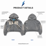 NSW New Sports Wear Distressed Zip Up Hoodie in washed black with KANE appliqué, metal zipper, jeweled pockets and painted sleeves.