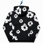 NSW New Sports Wear Flower Hoodie back view with black fabric, white floral pattern and centered hood seam