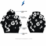 NSW New Sports Wear Flower Hoodie specification image showing floral print, kangaroo pocket and ribbed finishing