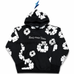 NSW New Sports Wear Flower Hoodie front view in black with white floral print, double-layer hood and chest branding