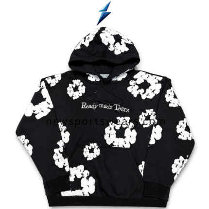 NSW New Sports Wear Flower Hoodie front view in black with white floral print, double-layer hood and chest branding