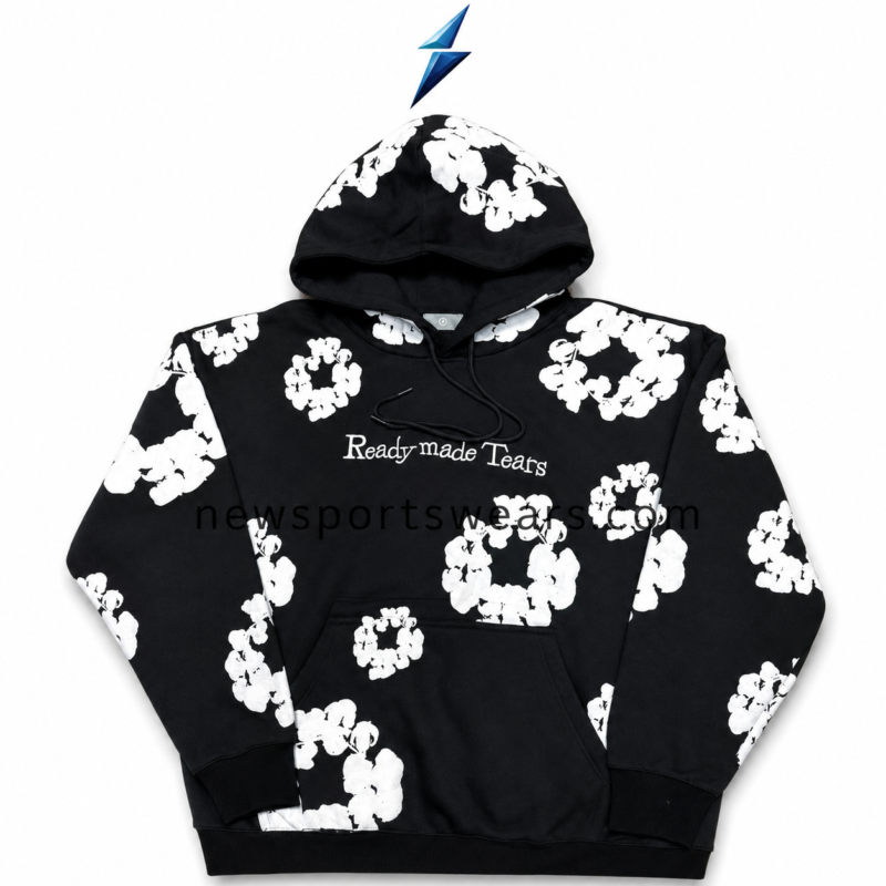 NSW New Sports Wear Flower Hoodie front view in black with white floral print, double-layer hood and chest branding