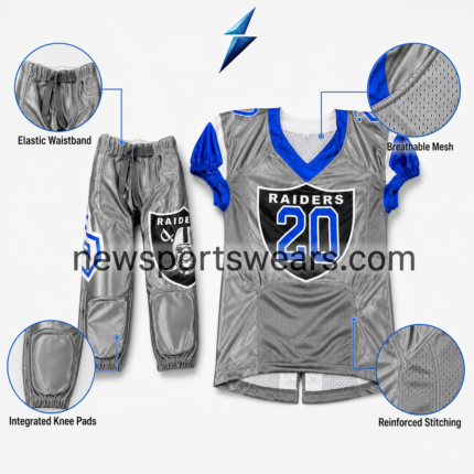 Custom American Football Uniform Set NSW NEW SPORTS WEAR football uniform detail showing breathable grey mesh, curved panel seams and reinforced stitching
