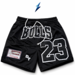 NSW New Sports Wear Men’s Basketball Shorts front view in black mesh with white drawstring, Bulls lettering and number 23 graphic