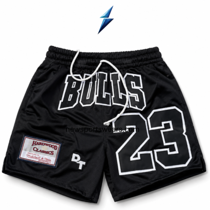 NSW New Sports Wear Men’s Basketball Shorts front view in black mesh with white drawstring, Bulls lettering and number 23 graphic